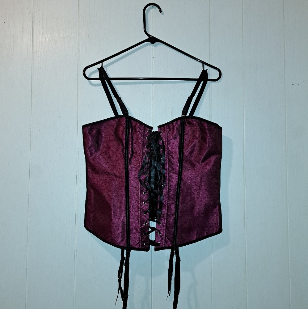 Burgundy Corset and panty set with stockings
